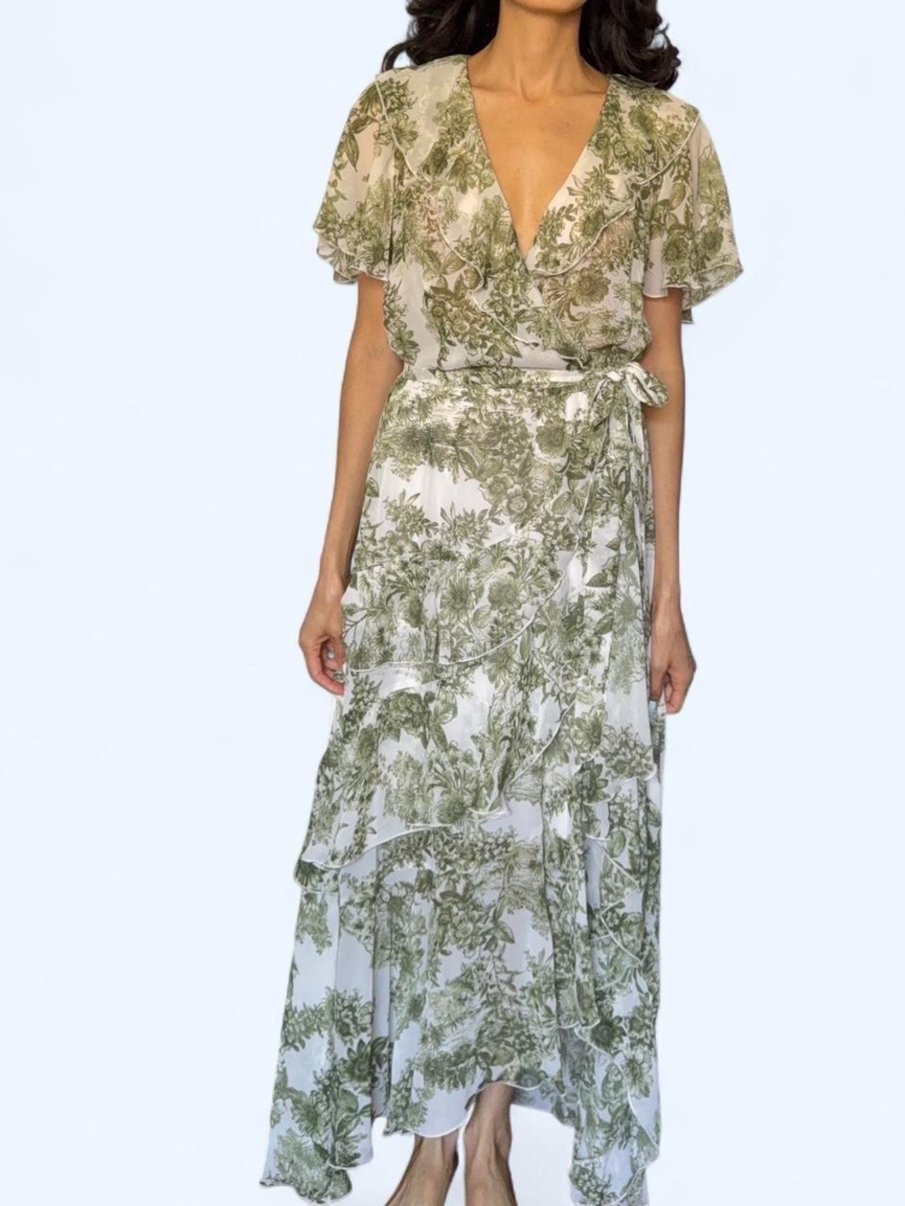 Olive Botanical Wrap Maxi Dress with Tie Waist